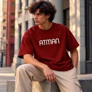 Red oversized printed t-shirt for men with ATMAN graphic