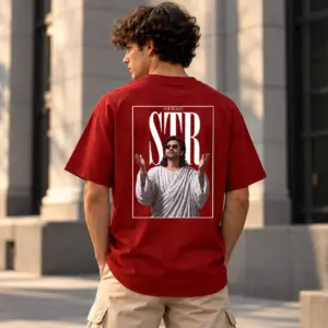 Red oversized printed t-shirt for men with ATMAN SNR back graphic